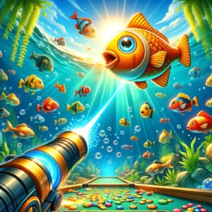 Arcade-style fish table game with a laser aiming at a large golden fish, highlighting strategy and excitement.